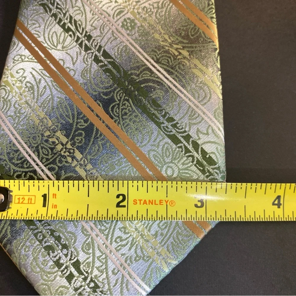 Van Heusen 100% Polyester Green‎ Gold White Striped Paisley Neck Tie